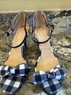 Michael Kors blue and white ankle strap heeled sandals